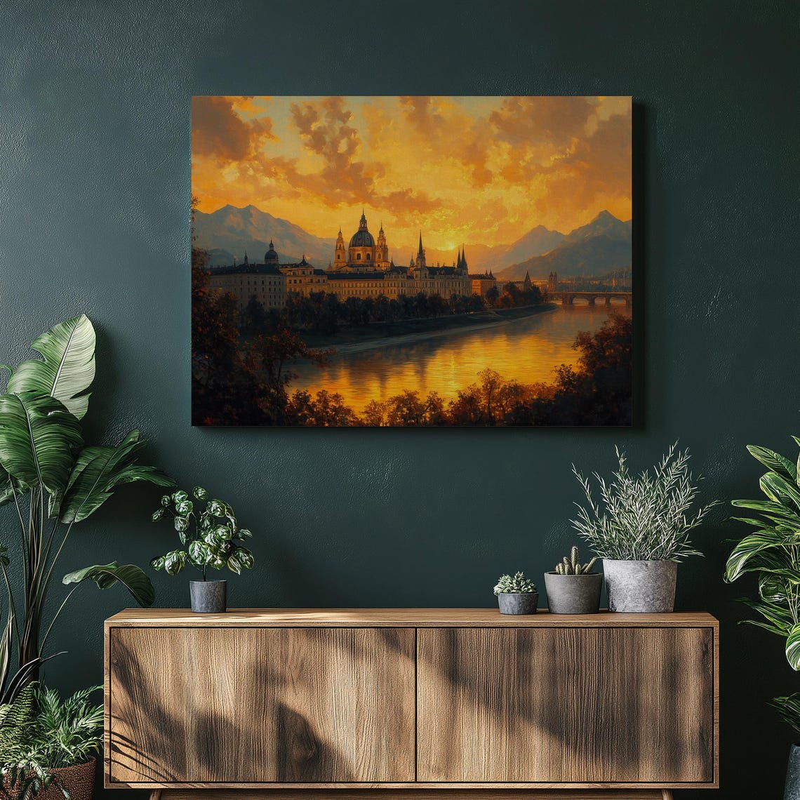 Vienna Austria Sunset Skyline River Mountains Oil Painting Poster