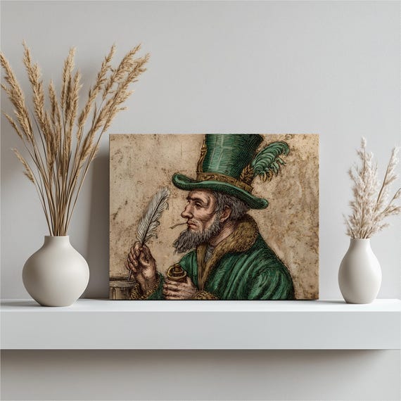 Renaissance Scribe Canvas Wall Art Vintage Portrait Illustration Antique Quill Pen Ink Jar Handwriting Calligraphy Bearded Man Writer Gift