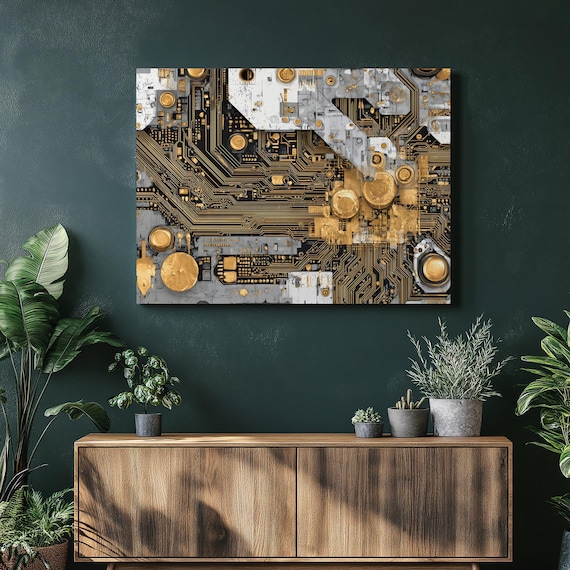 Modern Circuit Board Canvas Wall Art Black And Gold Technology Abstract Electronics Design Industrial Geometric Pattern Print Gift