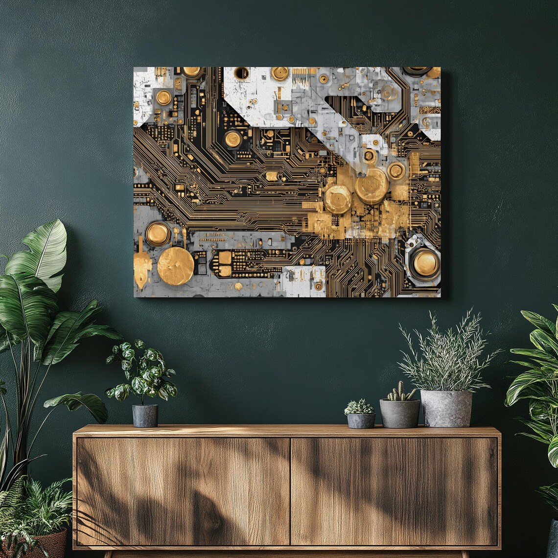Modern Circuit Board Canvas Wall Art Black And Gold Technology Abstract Electronics Design Industrial Geometric Pattern Print Gift