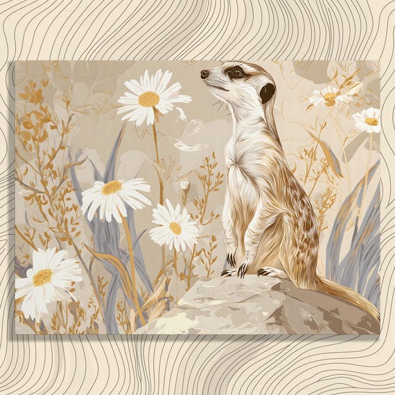 Meerkat And Daisies Canvas Wall Art Neutral Wildlife Print Modern Nature Decor Botanical Illustration Beige Minimalist Animal Artwork