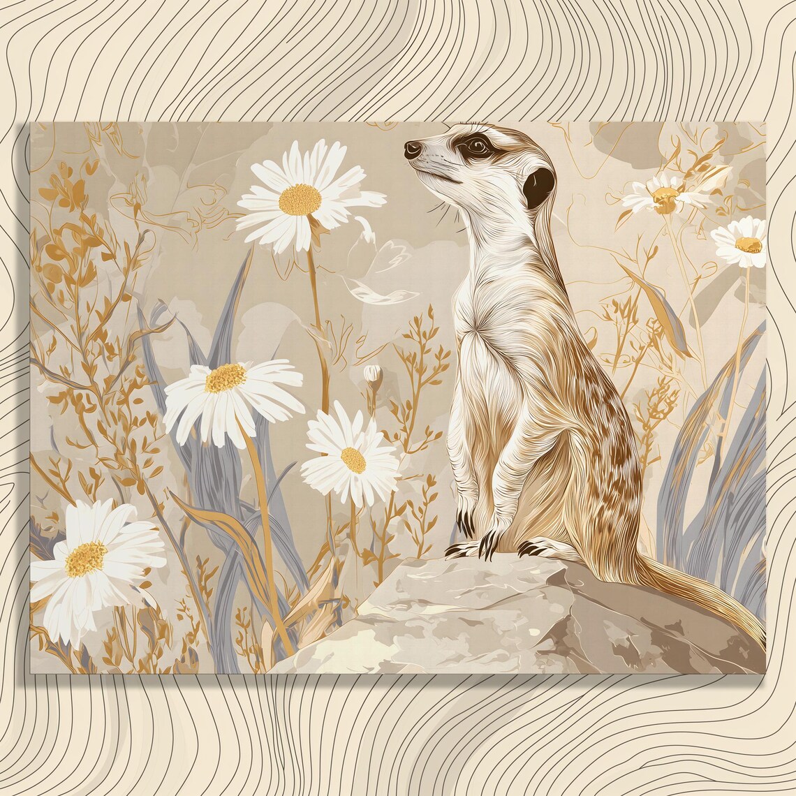 Meerkat Among Daisies Neutral Wildlife Art Modern Nature Scene Print