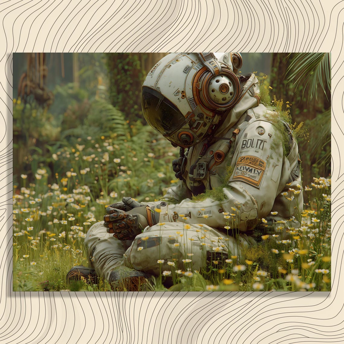 Astronaut Resting in Flower Meadow Poster Surreal Nature Dream Art