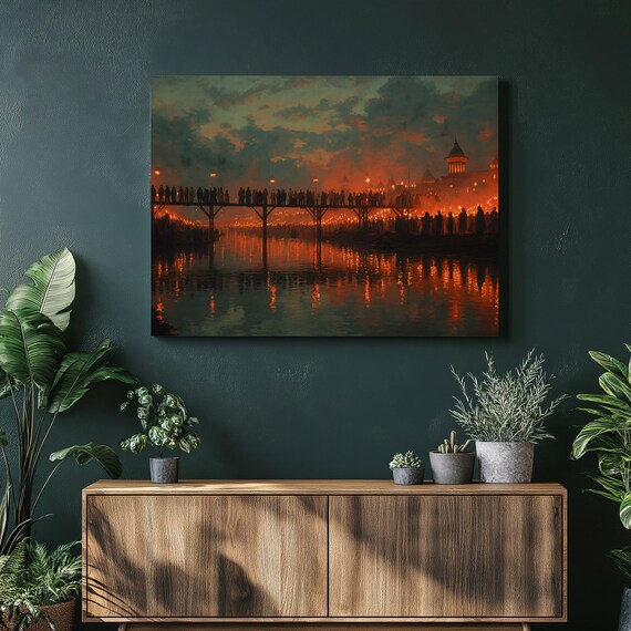 Lantern Festival Canvas Wall Art Night Market Bridge Silhouette River Sunset Water Reflection Moody Landscape Temple Architecture