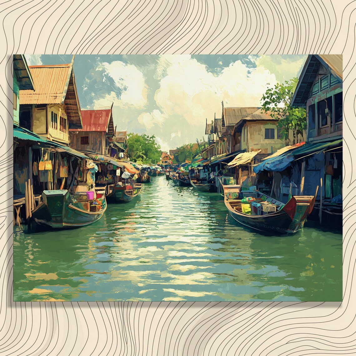 Asian Riverside Market Town Boats and Stilt Houses Vibrant Art Poster