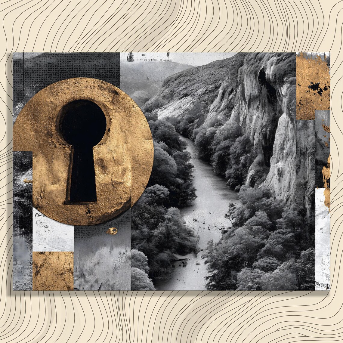 Golden Keyhole River Valley Black White Collage Mystery Art Poster