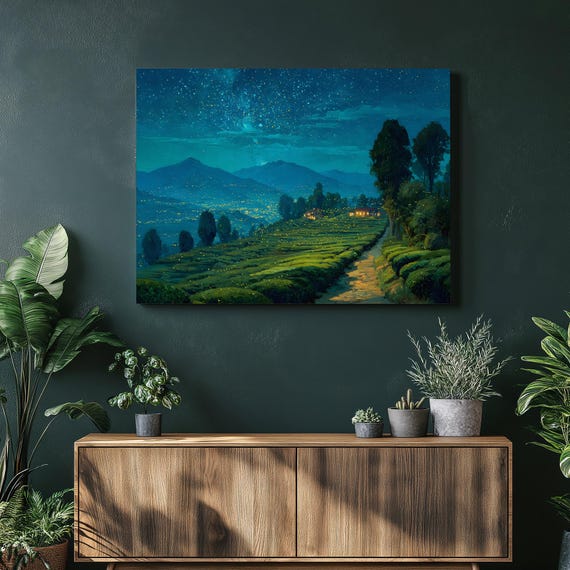 Starry Tea Fields Canvas Wall Art Night Sky Mountain Landscape With Fireflies Cottage Lights Pathway Rustic Home Decor Colorful Print