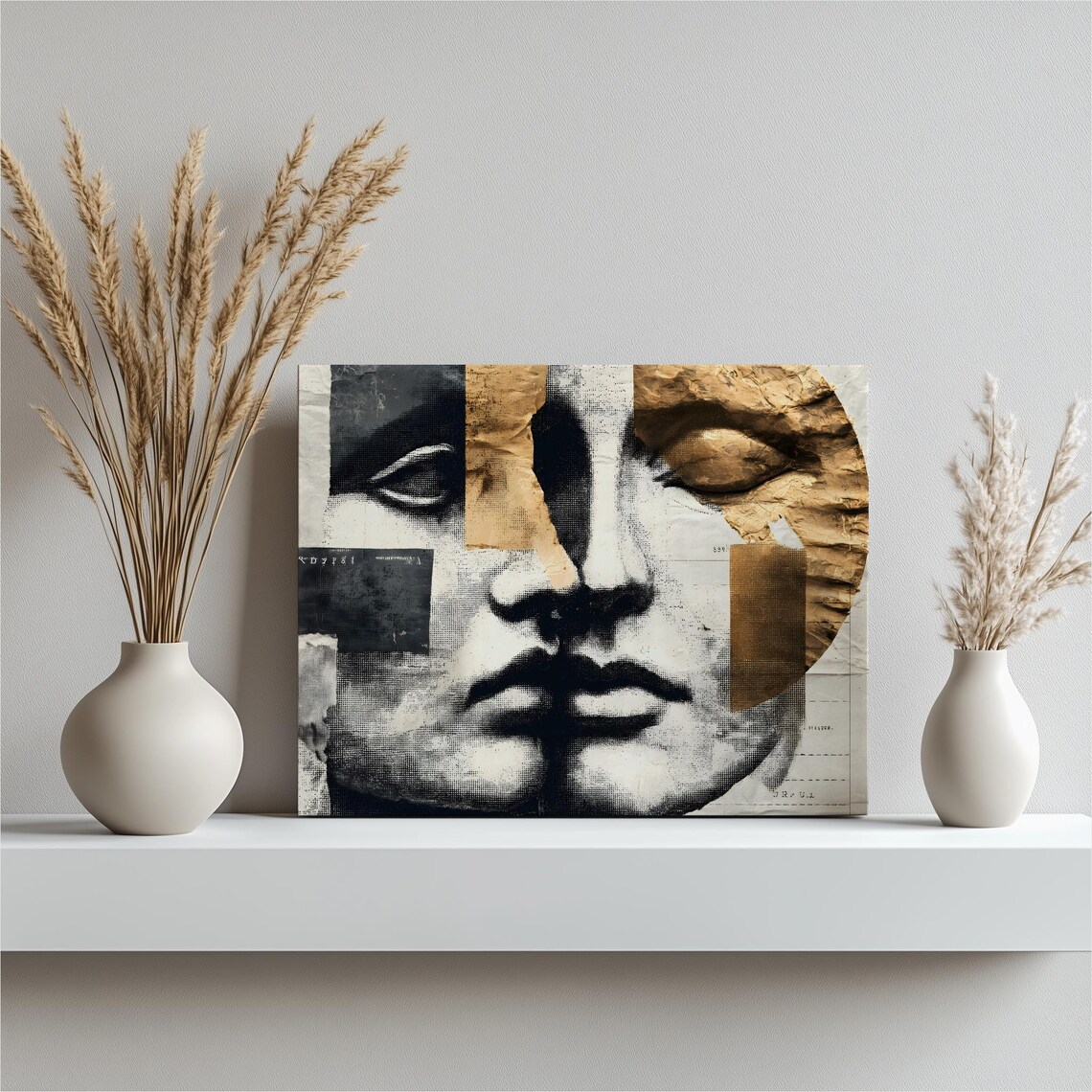Abstract Classical Face Canvas Wall Art Black And White Mixed Media Modern Artwork Gallery Halftone Collage Ripped Paper Print