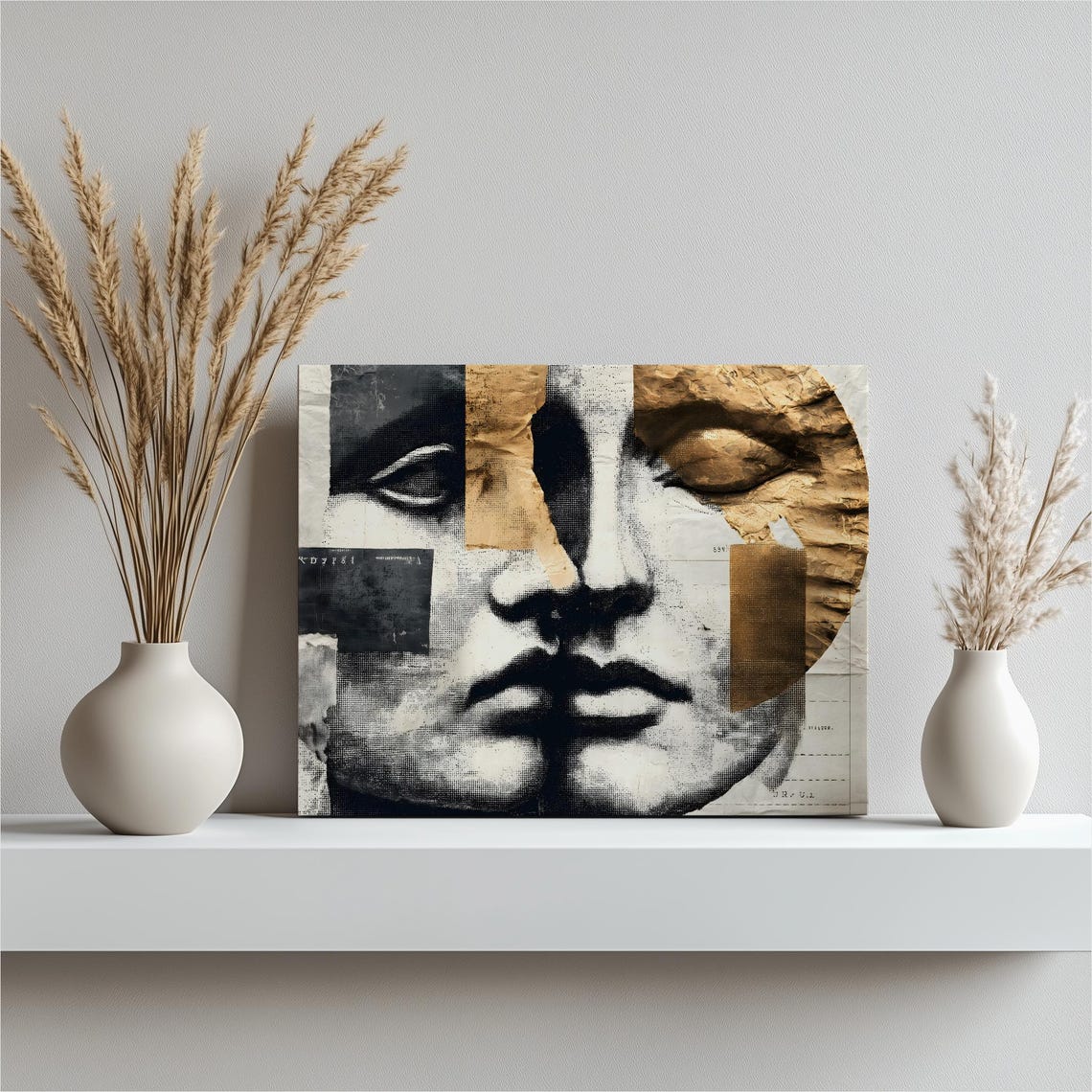 Abstract Classical Face Collage Poster Black White Gold Mixed Media
