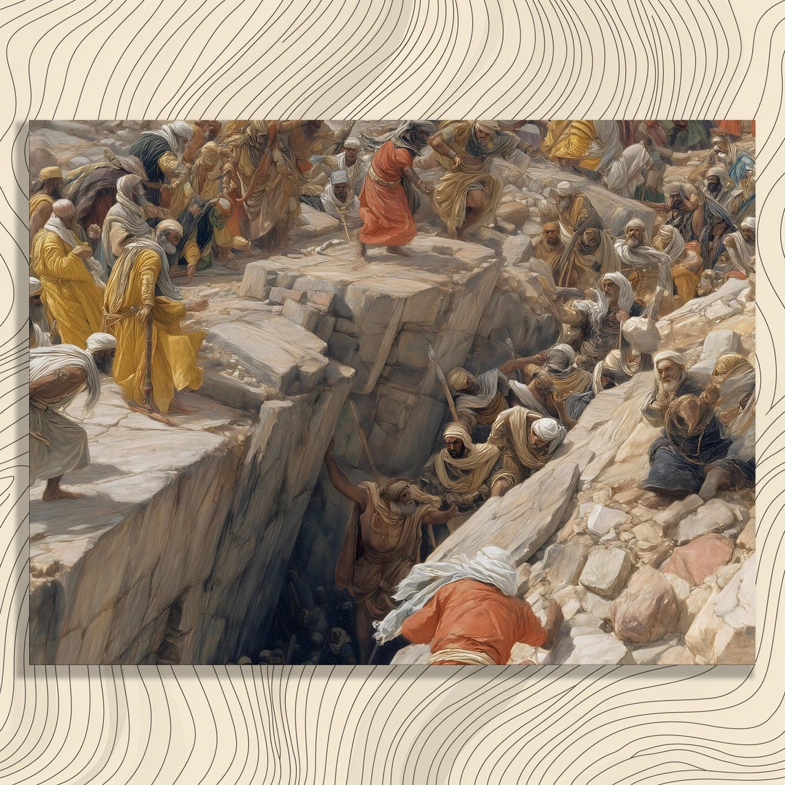 Biblical Epic Scene Crowd Around Chasm Classical Oil Painting Poster