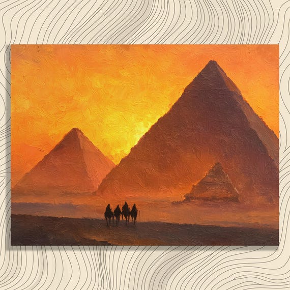 Giza Pyramids Sunset Canvas Wall Art Egyptian Landscape Desert Camel Caravan Sahara Dunes Ancient Egypt Painting Traditional Style Decor
