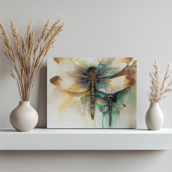 Dragonfly Canvas Wall Art Watercolor Painting Nature Home Decor Living Room Unique Wildlife Office Artwork Stretched