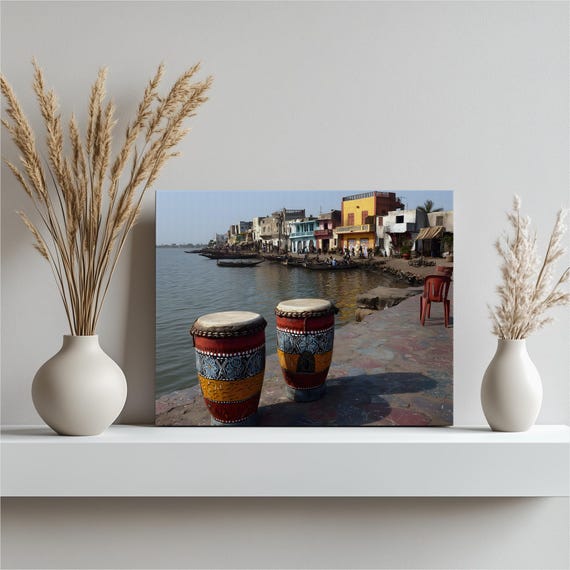 Colorful Riverside Drums Canvas Wall Art Fishing Boats By The Dock Waterfront Village Painting Bohemian Eclectic Decor Travel Artwork