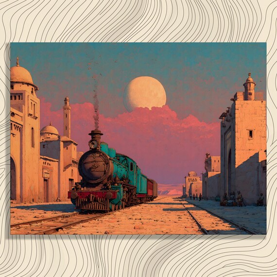 Moroccan Steam Locomotive Canvas Wall Art Desert Train Decor Print Station Scene Cityscape Sunset Sky Poster Moonlit