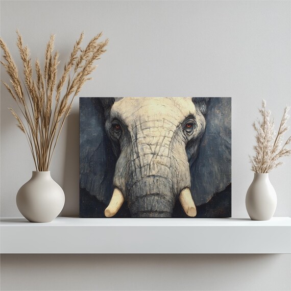 Blue Elephant Portrait Canvas Wall Art Textured Impasto Wildlife Painting Safari Decor Indigo Beige Palette Modern Animal Gift