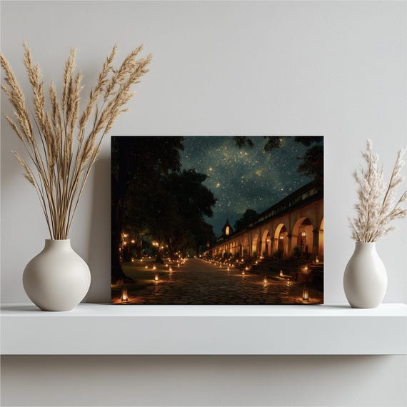 Starry Lantern Path Canvas Wall Art Night Sky Glowing Lanterns Archway Temple Print Moonlight Landscape Cobblestone Pathway Dark Decor