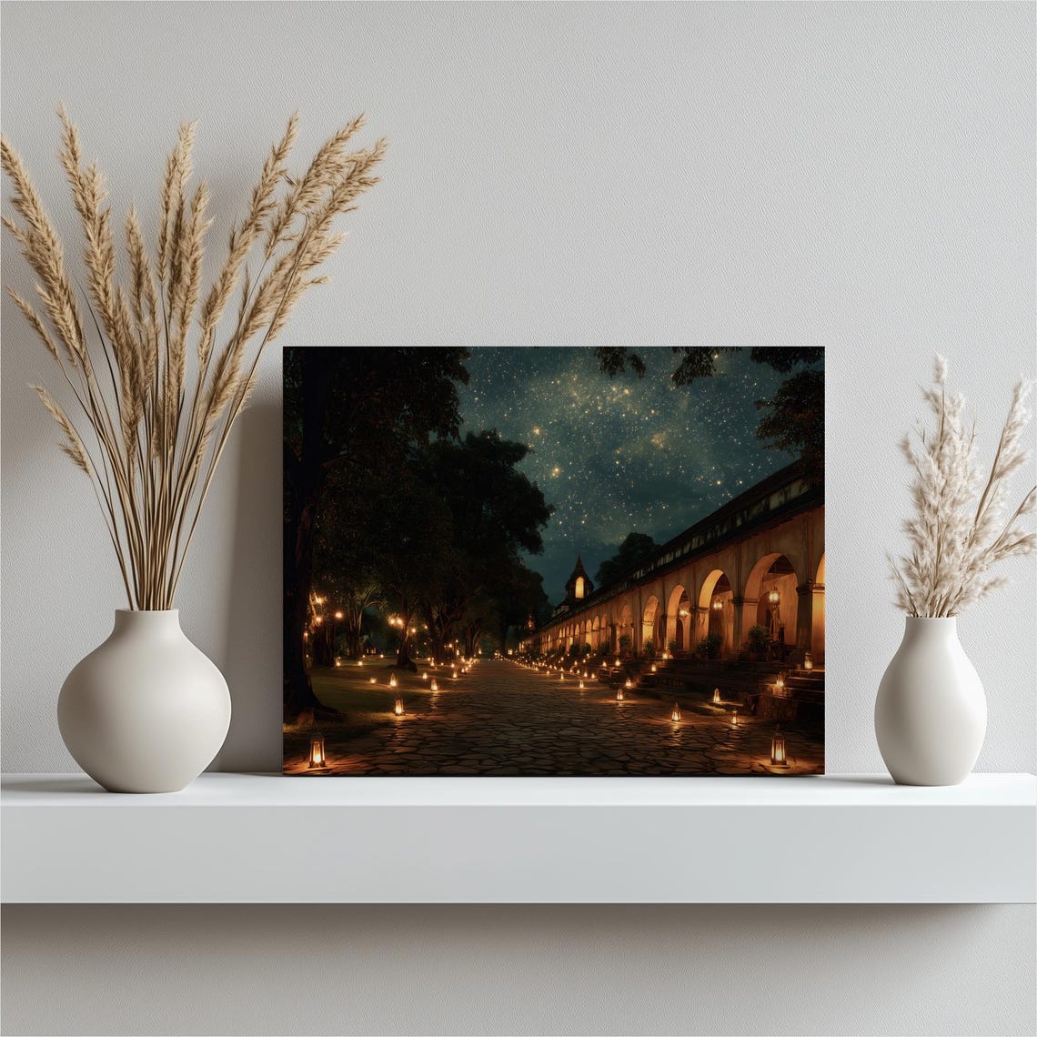 Starry Night Lantern Path Temple Courtyard Moonlight Art Poster