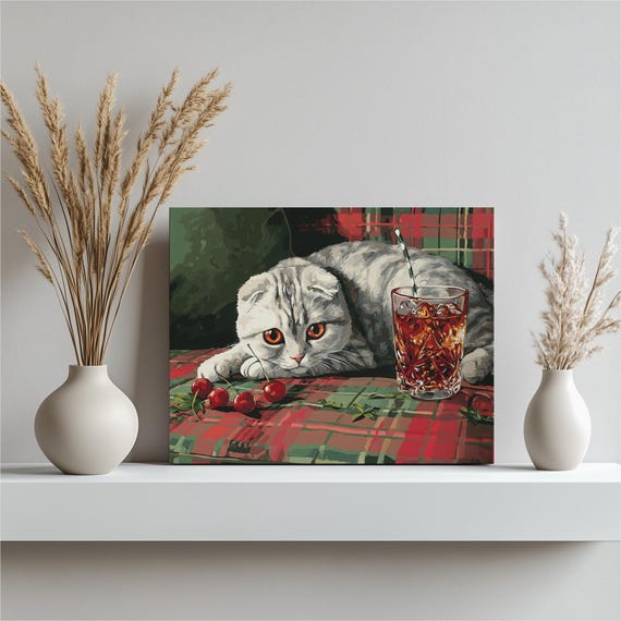 Modern Cat Canvas Wall Art Pop Style Print Cherry Still Life With Plaid Accents White Kitten Crystal Glass Drink Painting Decor Gift