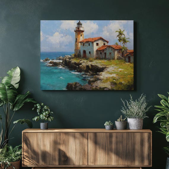 Colorful Lighthouse Coastal Canvas Wall Art Impressionist Seascape Turquoise Waters Village Mediterranean Coast Palm Trees Print