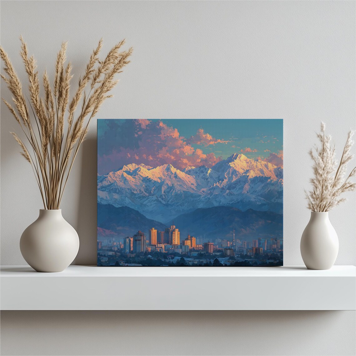 Colorful City Skyline Beneath Snow Capped Mountains Sunset Print