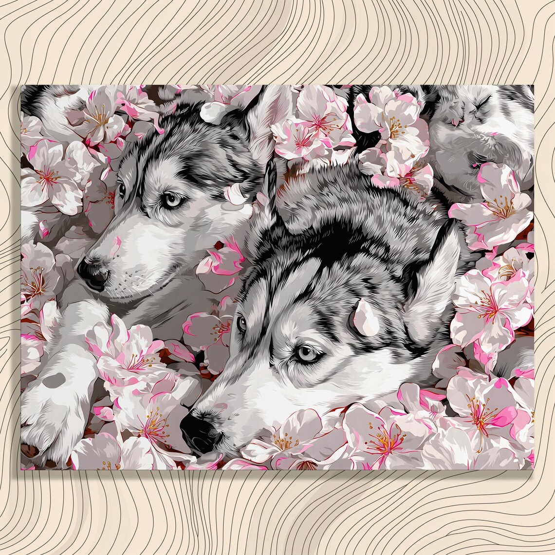 Two Siberian Huskies Resting Among Pink Cherry Blossoms Dog Wall Art