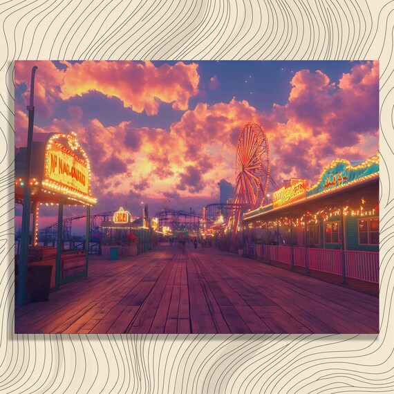 Neon Boardwalk Sunset Ferris Wheel Amusement Park Art Poster