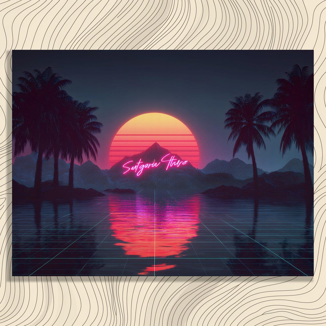 Retro Sunset Neon Canvas Wall Art Vaporwave Synthwave Print Palm Tree Glow Grid Lines Landscape 80s Decor Gift