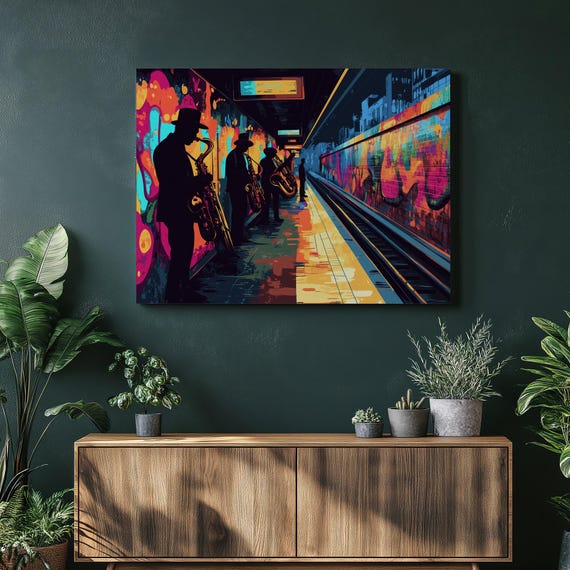 Jazz Band Wall Art Canvas Prints Modern Urban Subway Graffiti Vibrant Colors Music Home Goods Painting