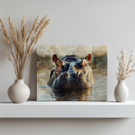 Hippopotamus Canvas Wall Art Tranquil Watercolor Painting Submerged In Water Pastel Colors Serene Decor For Living Room Or Nursery Animal