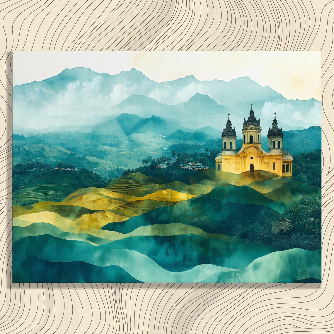 Golden Church Misty Teal Mountains Terraced Hills Watercolor Poster