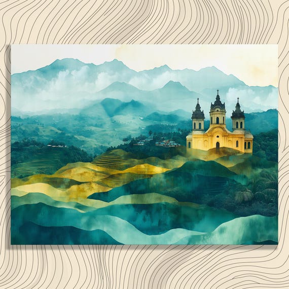 Serene Church Landscape Canvas Wall Art Misty Mountain Painting Nature Modern Tranquil Home Decor
