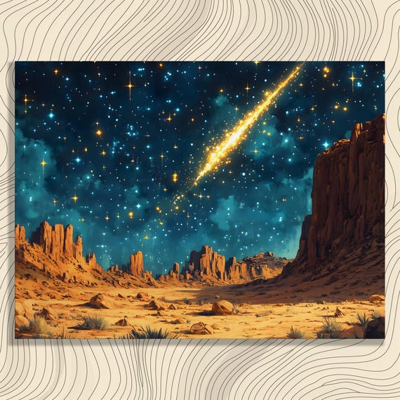 Meteor Shower Desert Canvas Wall Art Starlit Canyon Night Sky Landscape Print Shooting Star Over Sandstone Cliffs Southwest Nature Decor