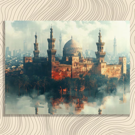 Cairo Citadel Canvas Wall Art Misty Desert Fortress Reflection Panoramic Landmark Print For Travel Lovers And Global Architecture Decor