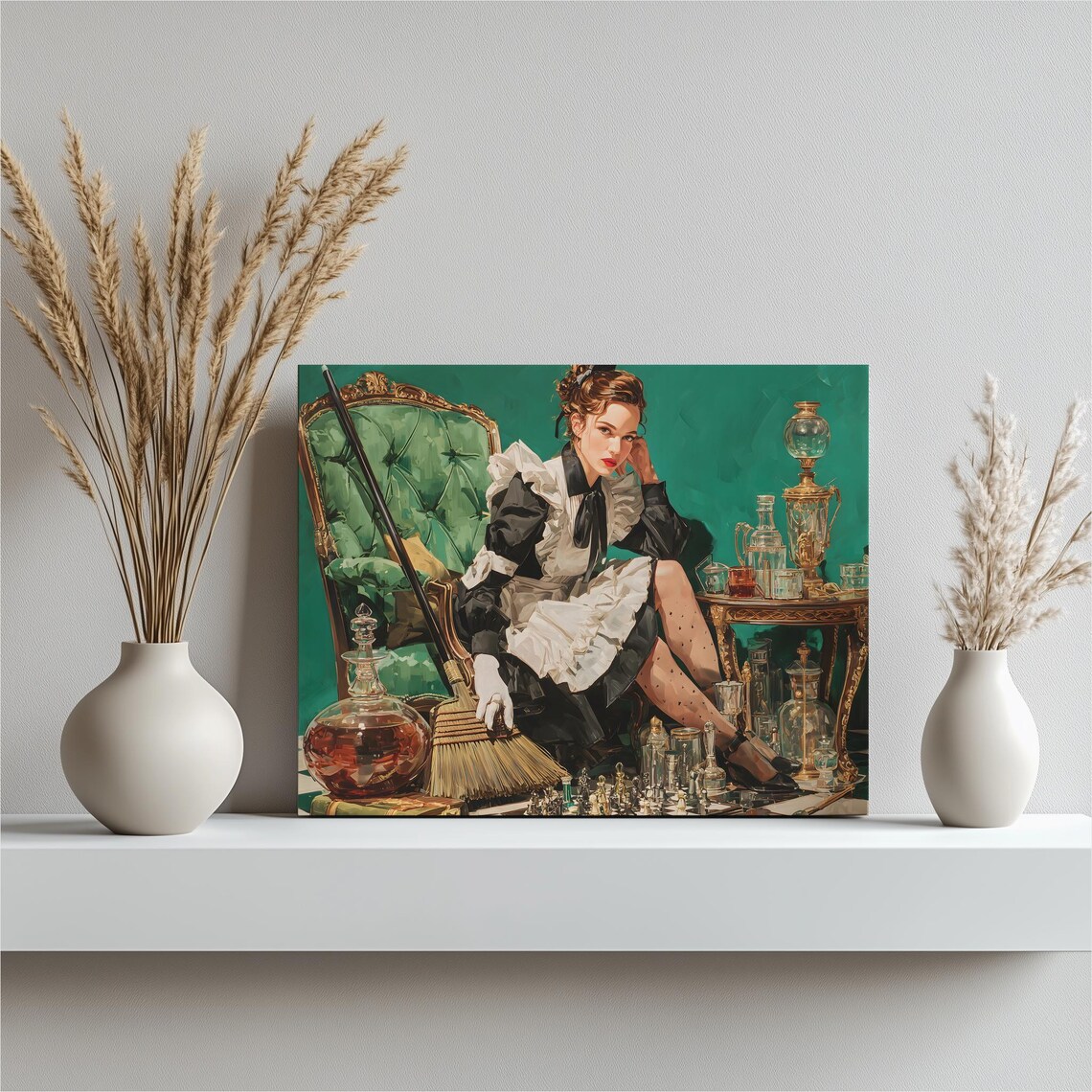 Vintage Maid Seated Green Chair Chess Decanters Classic Art Poster