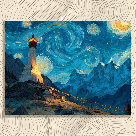 Stupa Temple with Prayer Flags Under Swirling Starry Night Sky Poster