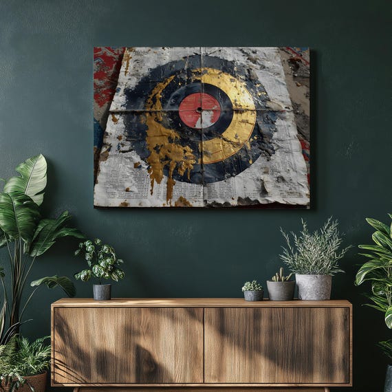 Retro Vinyl Record Canvas Wall Art Mixed Media Collage With Gold Splatter Over Vintage Newspaper Background Boho Abstract Print