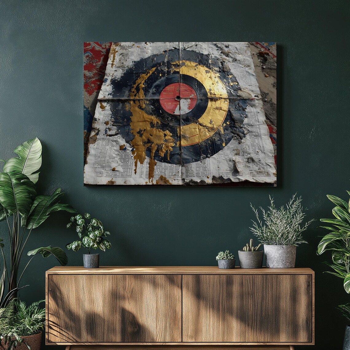Retro Vinyl Record Canvas Wall Art Mixed Media Collage With Gold Splatter Over Vintage Newspaper Background Boho Abstract Print