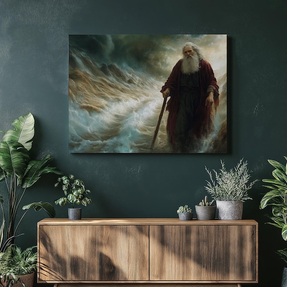 Moses Parting the Red Sea Dramatic Ocean Waves Biblical Scene Poster