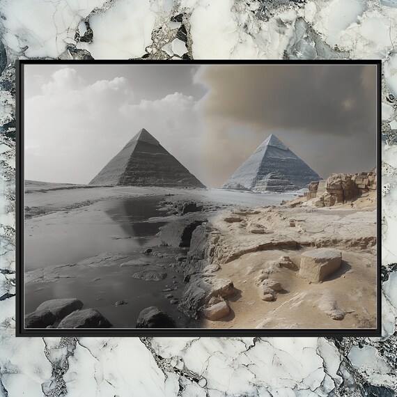 Egypt Giza Pyramids Desert Black White Color Diptych Canvas Poster