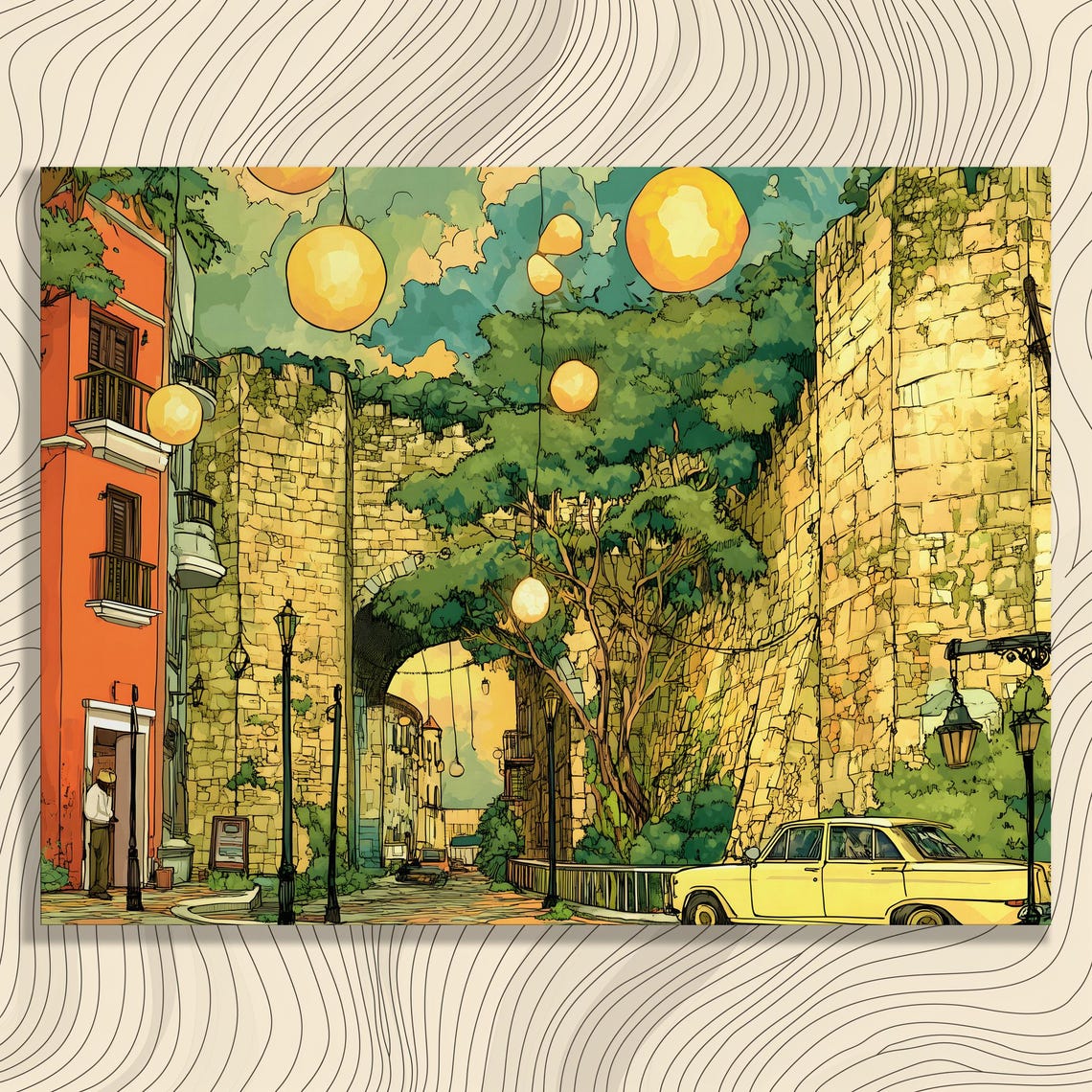 Whimsical Night Street Lanterns Old Stone Arch Town Art Poster
