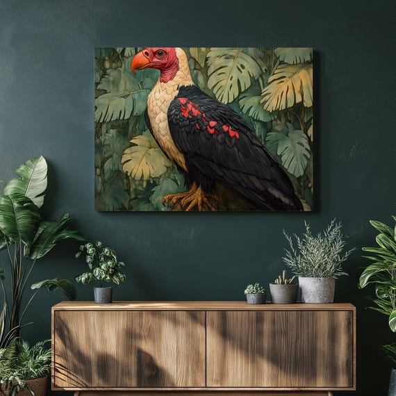 Tropical Vulture Canvas Wall Art Exotic Bird Portrait With Jungle Leaves Rainforest Illustration Botanical Nature Home Decor