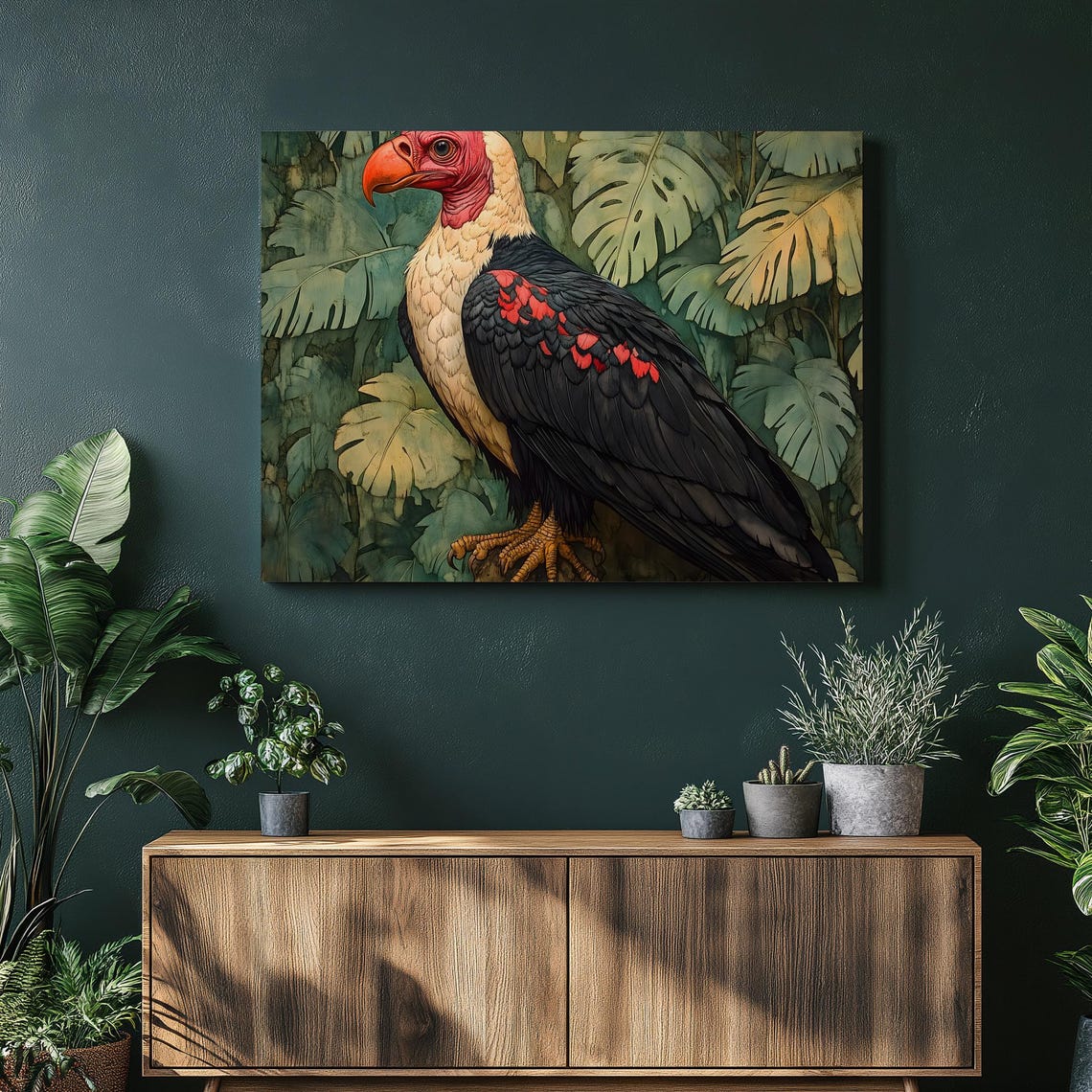 Tropical Vulture Canvas Wall Art Exotic Bird Portrait With Jungle Leaves Rainforest Illustration Botanical Nature Home Decor