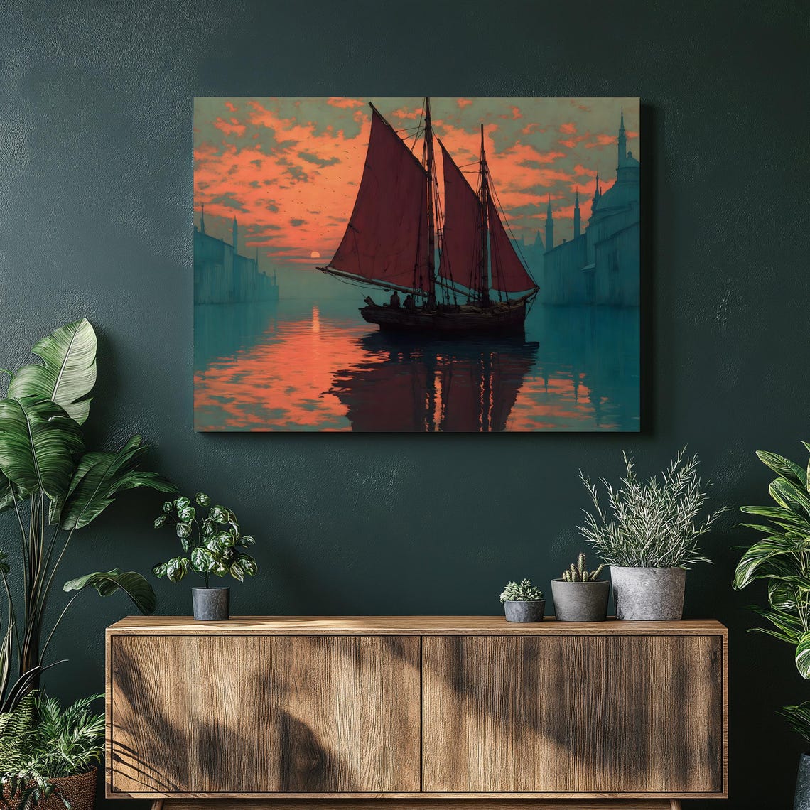 Venice Sunset Sailboat Harbor Red Sails Impressionist Wall Art