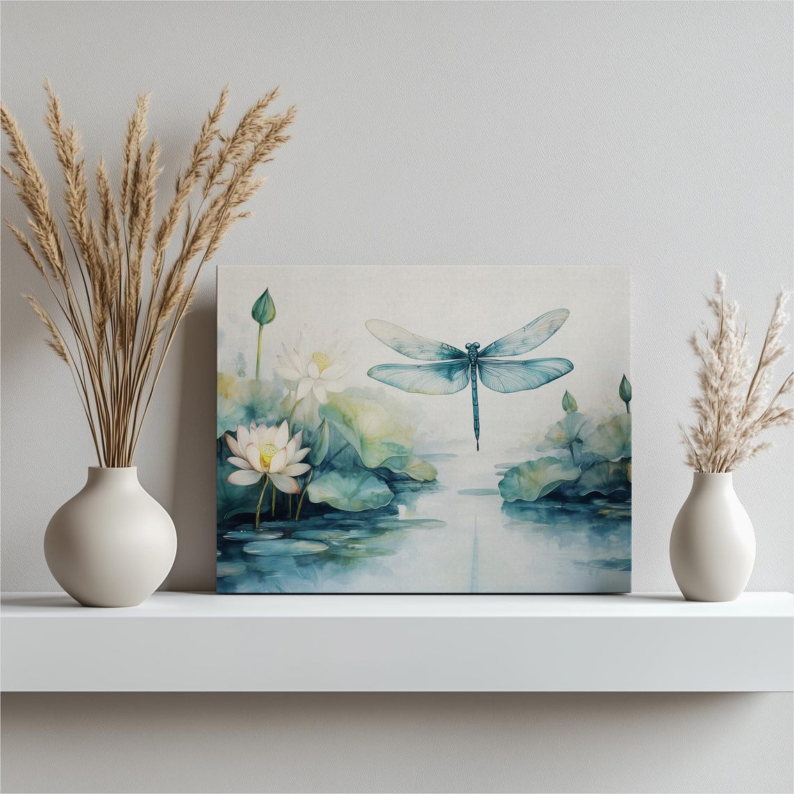 Serene Dragonfly Water Lily Canvas Wall Art Print Botanical Pond Painting Decor Contemporary Nature Artwork For Lovers