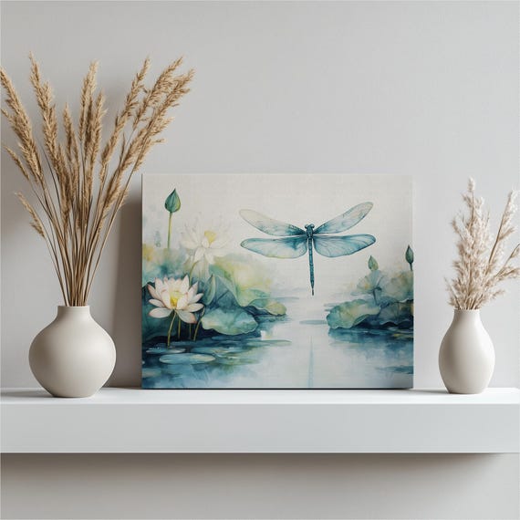 Serene Dragonfly Water Lily Canvas Wall Art Print Botanical Pond Painting Decor Contemporary Nature Artwork For Lovers