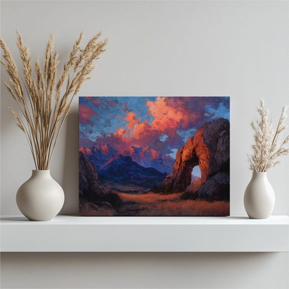 Dramatic Mountain Sunset Canvas Wall Art Natural Arch Print Romanticism Painting Landscape Decor Cloudscape Rock Formation Nature Gift