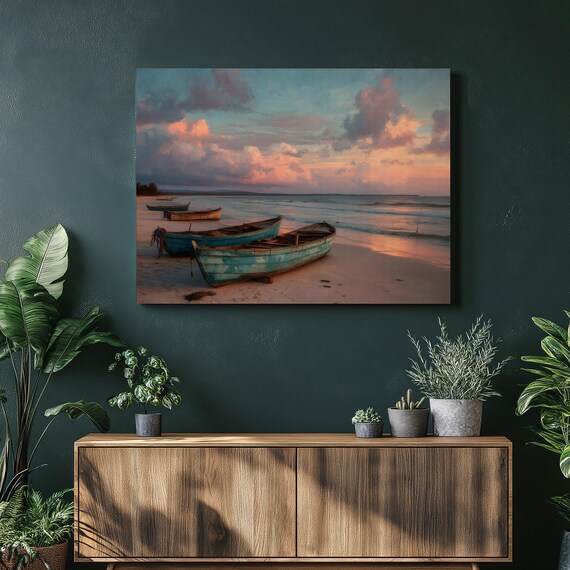 Weathered Wooden Fishing Boats on Beach at Pink Sunset Art Poster