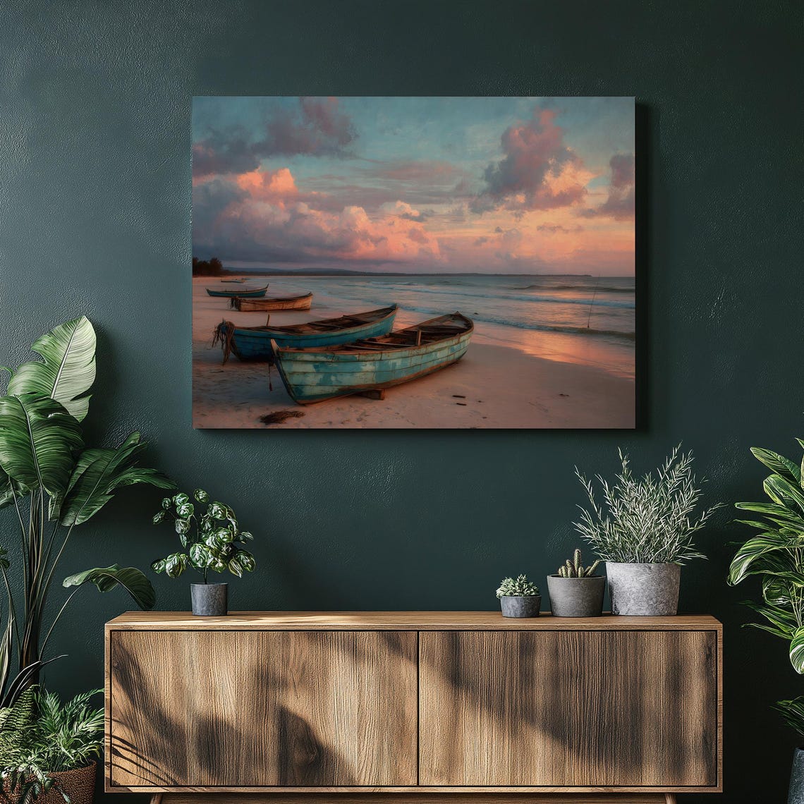 Weathered Wooden Fishing Boats on Beach at Pink Sunset Art Poster