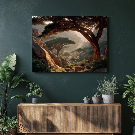 African Savannah Acacia Trees Rocky Valley Golden Morning Light Art Poster
