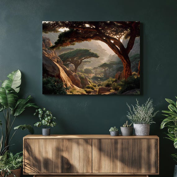 African Savannah Canvas Wall Art Photorealistic Acacia Landscape Print Golden Hour Nature Decor Modern Painting Gift
